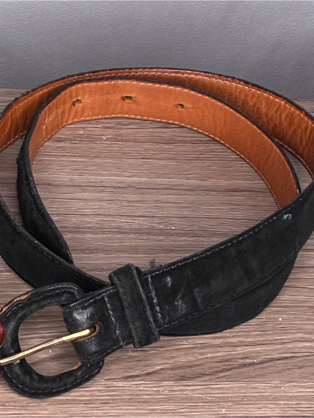 Vintage Black Suede & Leather Women's Belt with Gold Buckle